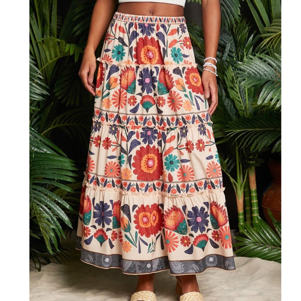 Boho Multicolor Stretchy High Waist Maxi Skirt
